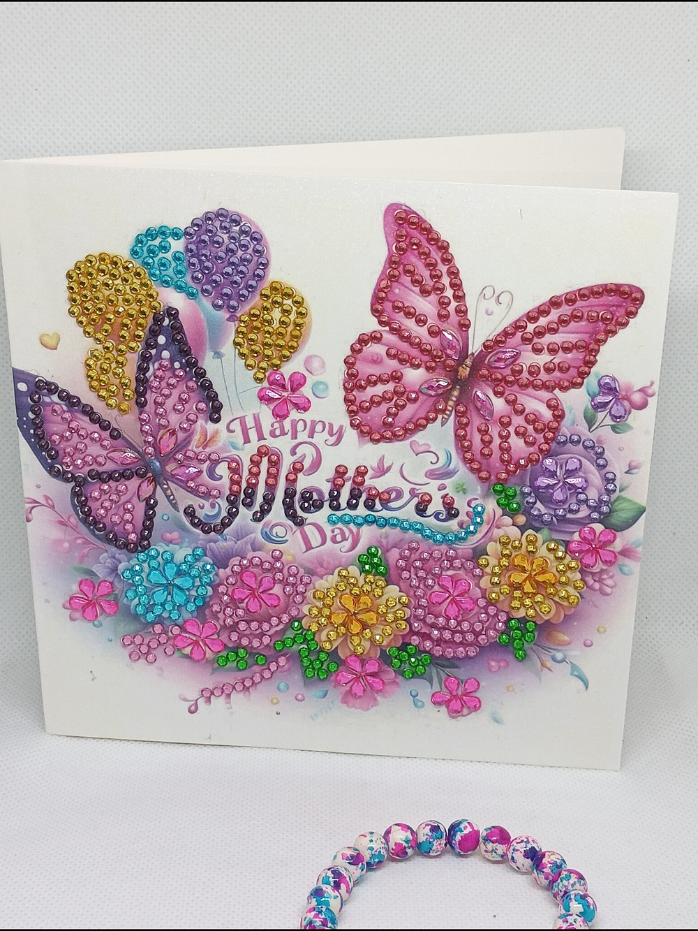 Handmade Embellished Butterfly Mother's Day Card With Cross Beaded Bracelet